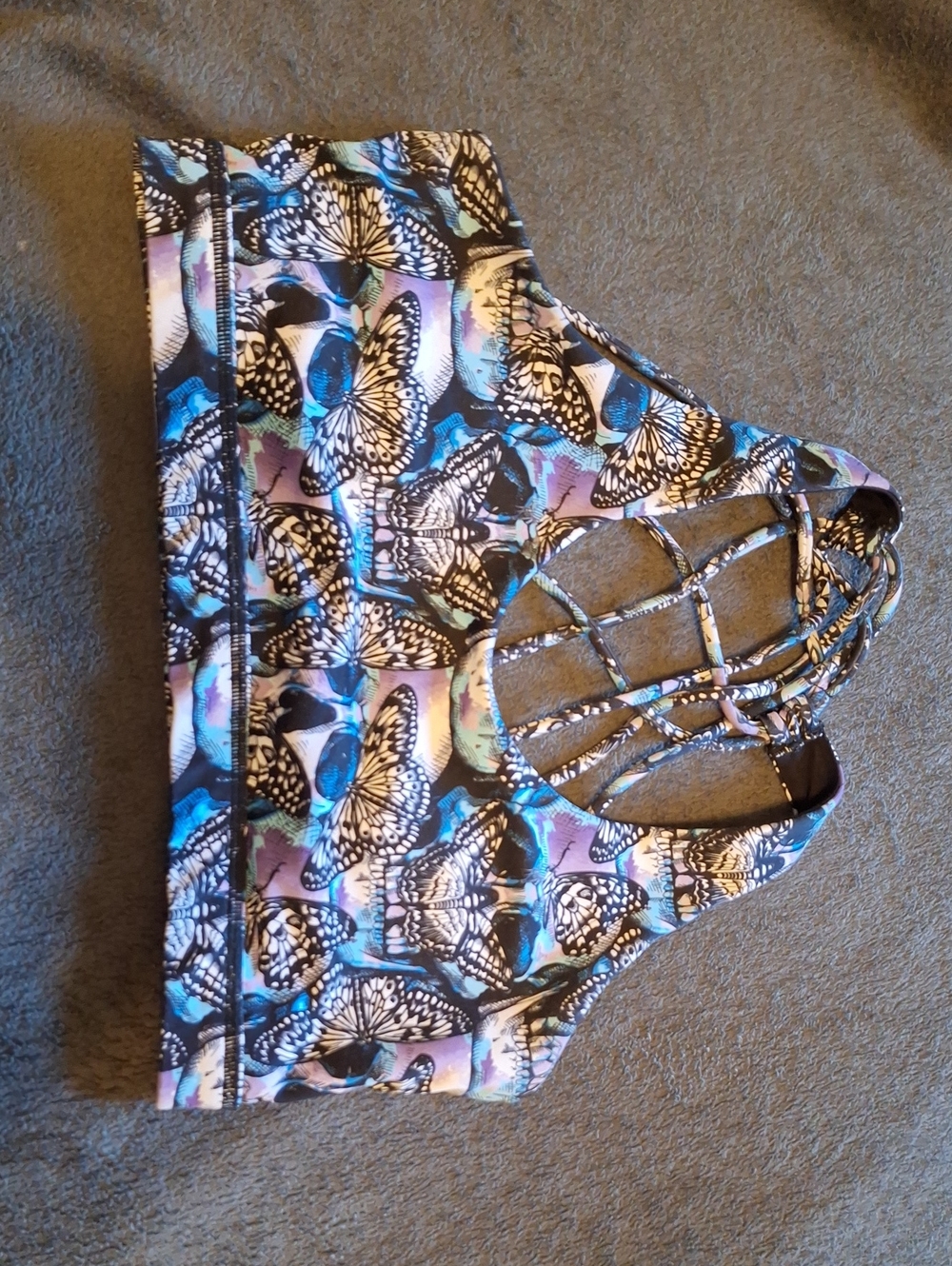 Butterfly Print Strappy Sports Bodysuit Top - Blue & Purple
